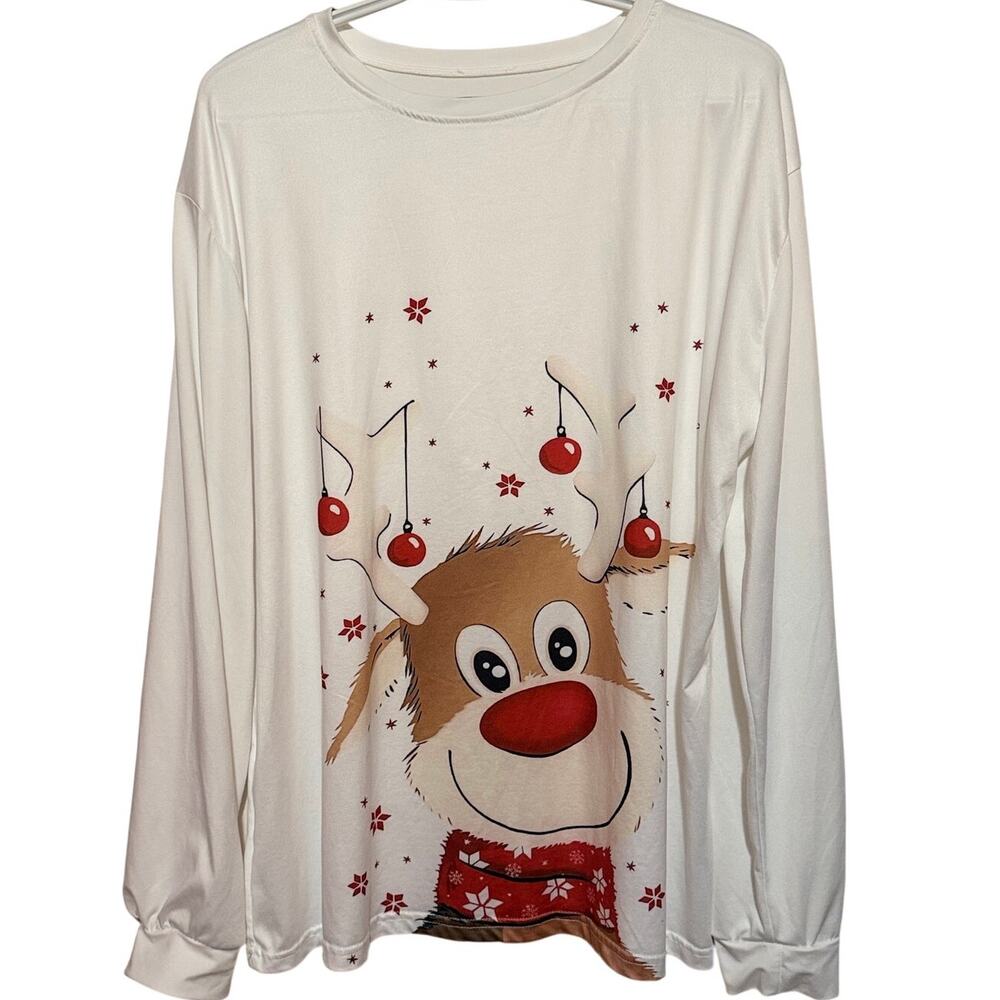 Men's White Christmas T-Shirt Reindeer with Red Ornaments Hanging from Antlers